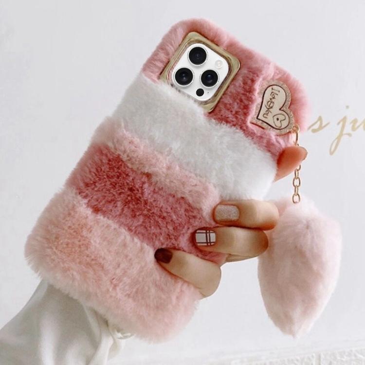 

For iPhone 16 Pro Gold Diamond Flower Decorated Plush Silicone Phone Case with Pendant(Pink White)