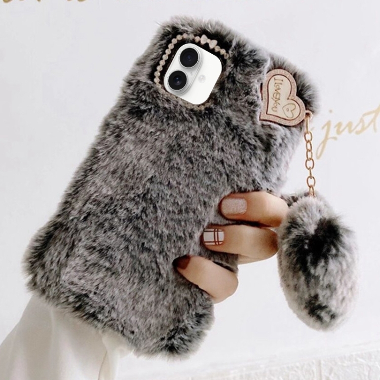 

For iPhone 16 Gold Diamond Flower Decorated Plush Silicone Phone Case with Pendant(Grey)