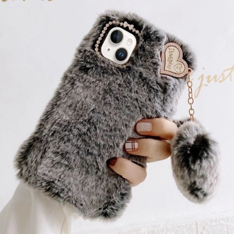 

For iPhone 13 mini Gold Diamond Flower Decorated Plush Silicone Phone Case with Pendant(Grey)