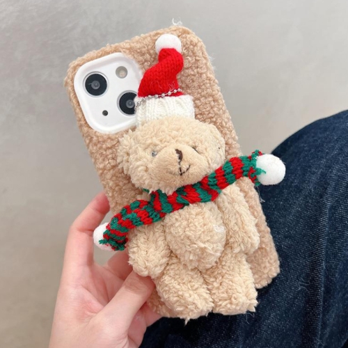 

For iPhone 14 Plus 3D Christmas Bear Plush Phone Case(Brown)