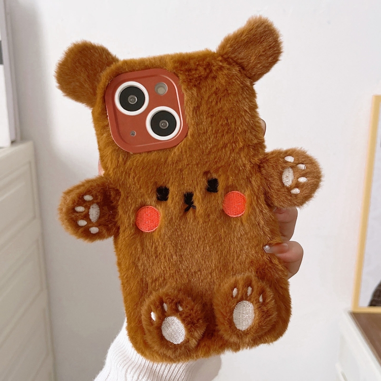 

For iPhone 15 Plus 3D Smiling Little Bear Plush Phone Case(Brown)