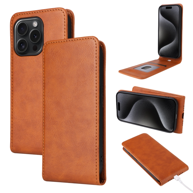 

For iPhone 15 Pro Magnetic Vertical Flip Leather Phone Case(Brown)
