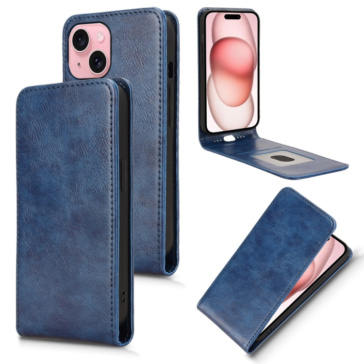 

For iPhone 15 Magnetic Vertical Flip Leather Phone Case(Blue)