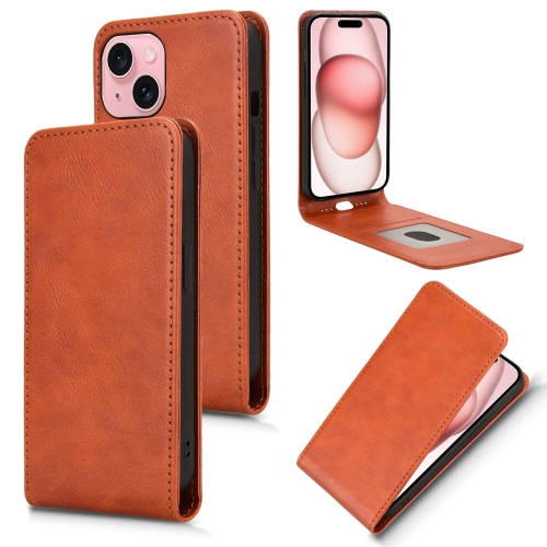 

For iPhone 15 Magnetic Vertical Flip Leather Phone Case(Brown)