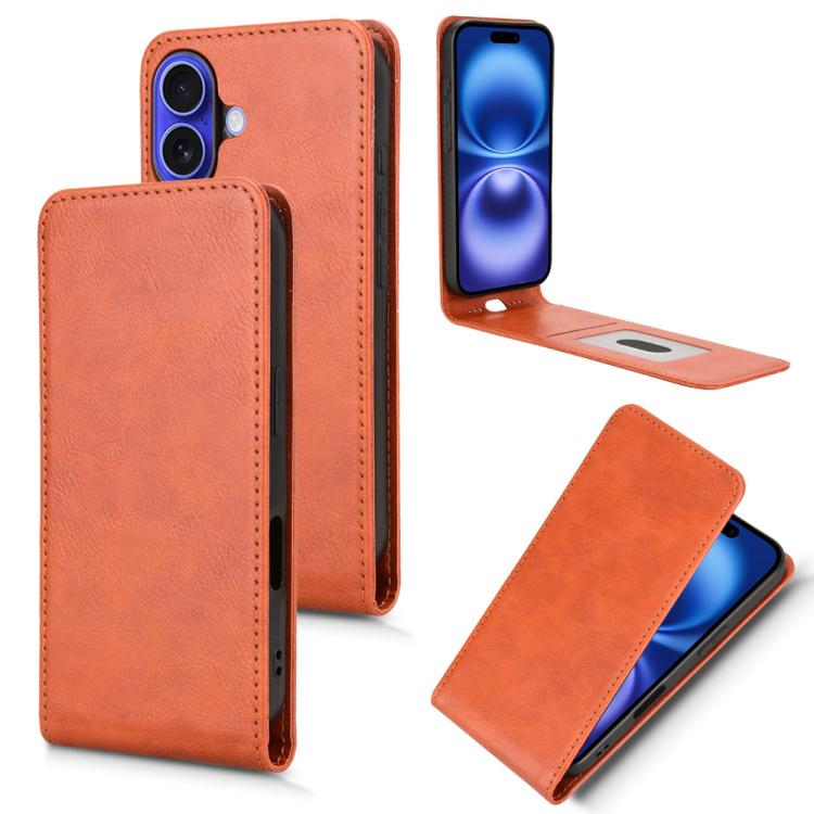 

For iPhone 16 Plus Magnetic Vertical Flip Leather Phone Case(Brown)