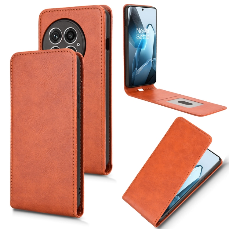 

For OnePlus 13 Magnetic Vertical Flip Leather Phone Case(Brown)