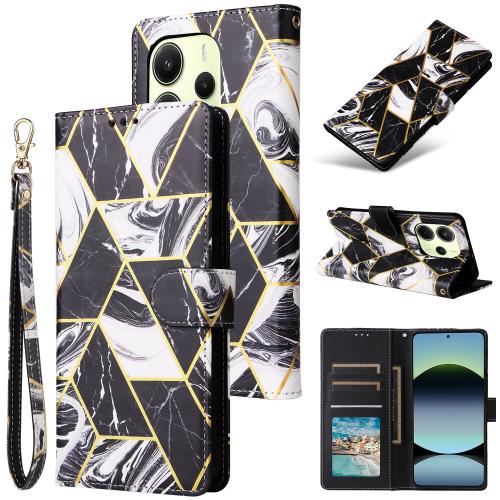 

For Redmi Note 14 4G 164.84mm Marble Bronzing Stitching Leather Phone Case(Black)