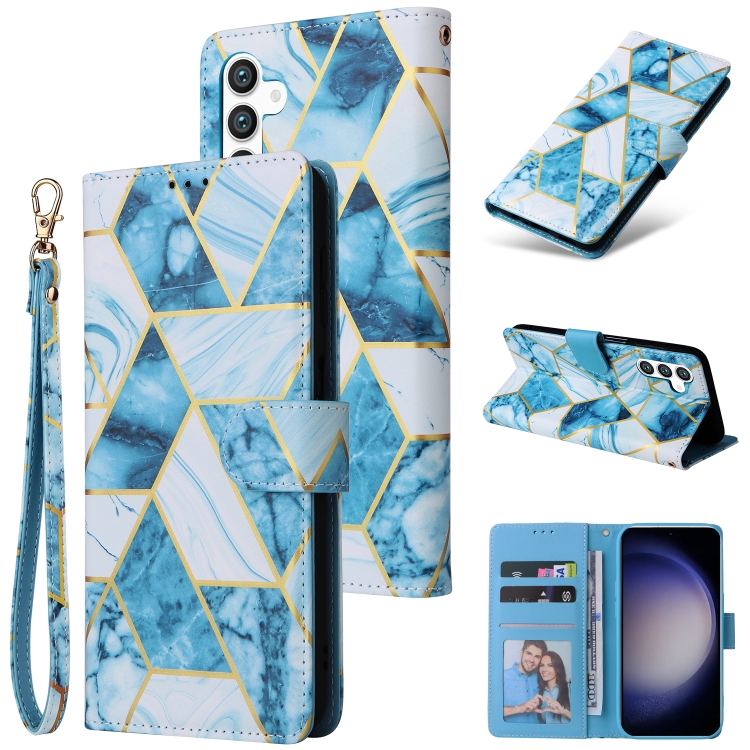 

For Samsung Galaxy S25 5G Marble Bronzing Stitching Leather Phone Case(Blue)