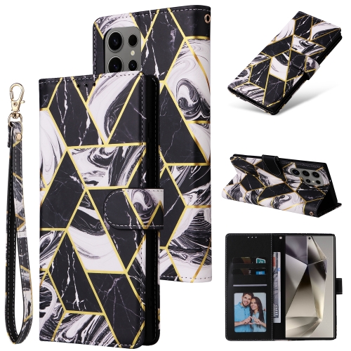 

For Samsung Galaxy S25 Ultra 5G Marble Bronzing Stitching Leather Phone Case(Black)