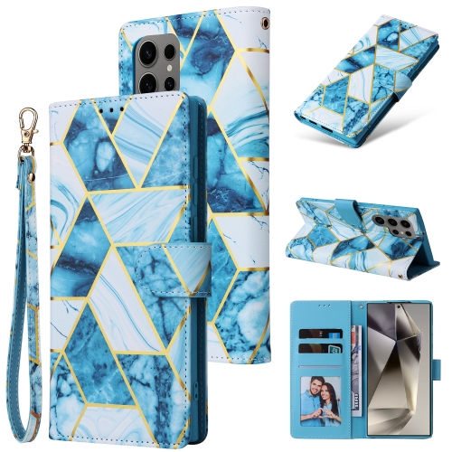 

For Samsung Galaxy S25 Ultra 5G Marble Bronzing Stitching Leather Phone Case(Blue)