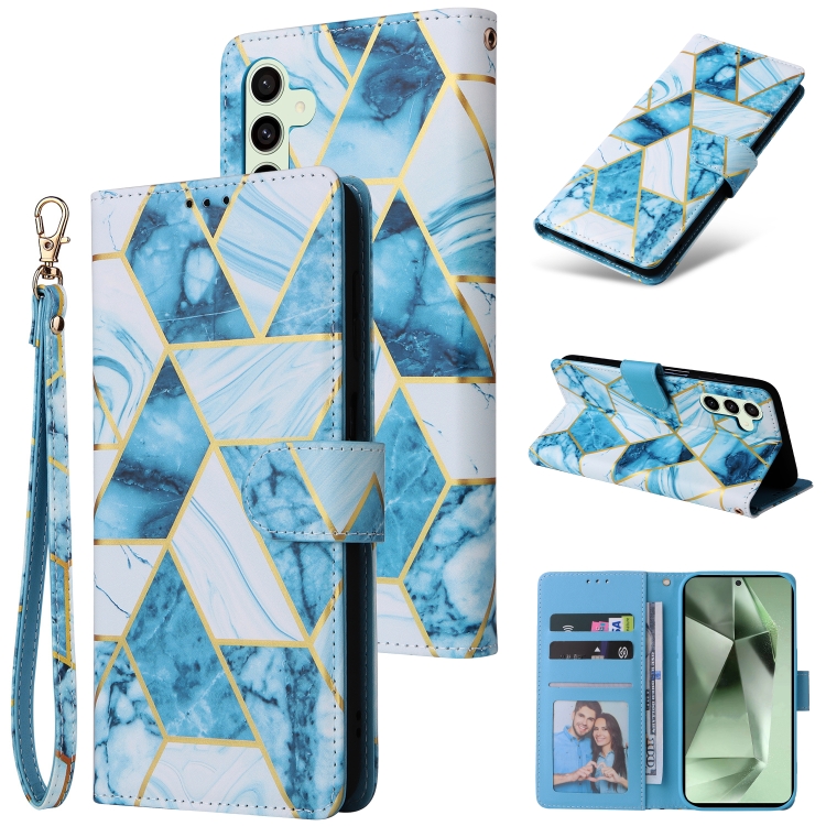 

For Samsung Galaxy S24 FE 5G Marble Bronzing Stitching Leather Phone Case(Blue)