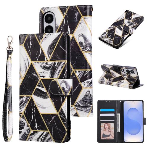 

For Samsung Galaxy S25 Edge 5G Marble Bronzing Stitching Leather Phone Case(Black)