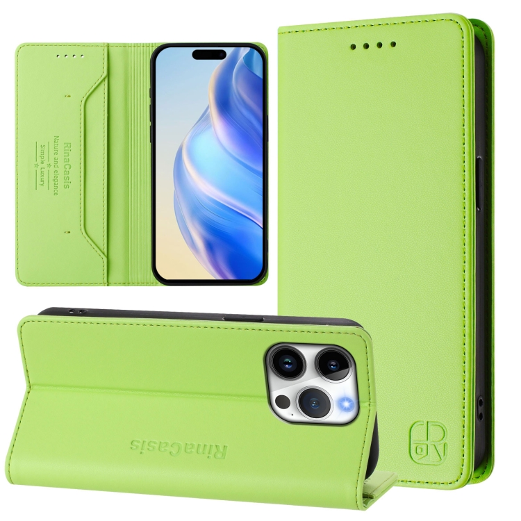 

For iPhone 16 Pro RC01 Dual-Folded Magnetic Suction RFID Leather Phone Case(Grass Green)