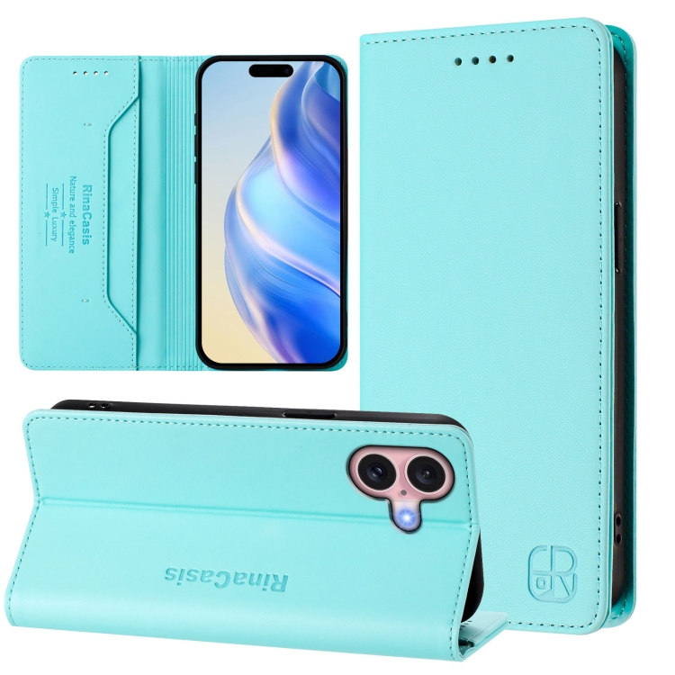 

For iPhone 16 Plus RC01 Dual-Folded Magnetic Suction RFID Leather Phone Case(Mint Green)