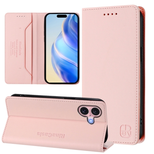 

For iPhone 16 Plus RC01 Dual-Folded Magnetic Suction RFID Leather Phone Case(Pink)