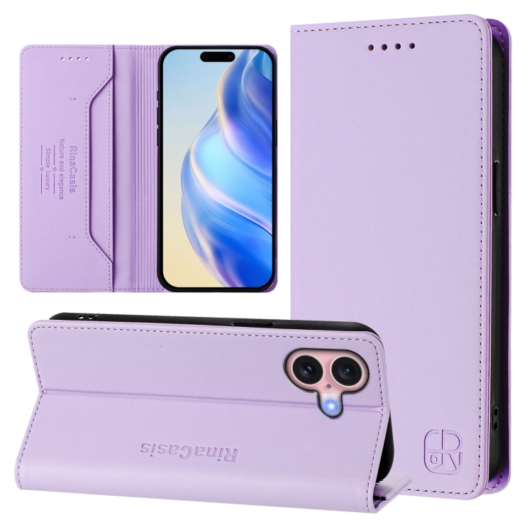 

For iPhone 16 RC01 Dual-Folded Magnetic Suction RFID Leather Phone Case(Light Purple)