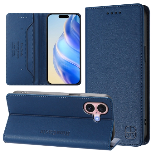 

For iPhone 16 RC01 Dual-Folded Magnetic Suction RFID Leather Phone Case(Dark Blue)