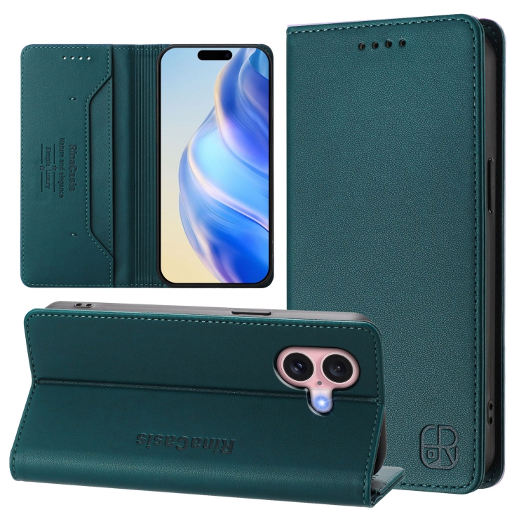 

For iPhone 16 RC01 Dual-Folded Magnetic Suction RFID Leather Phone Case(Dark Green)