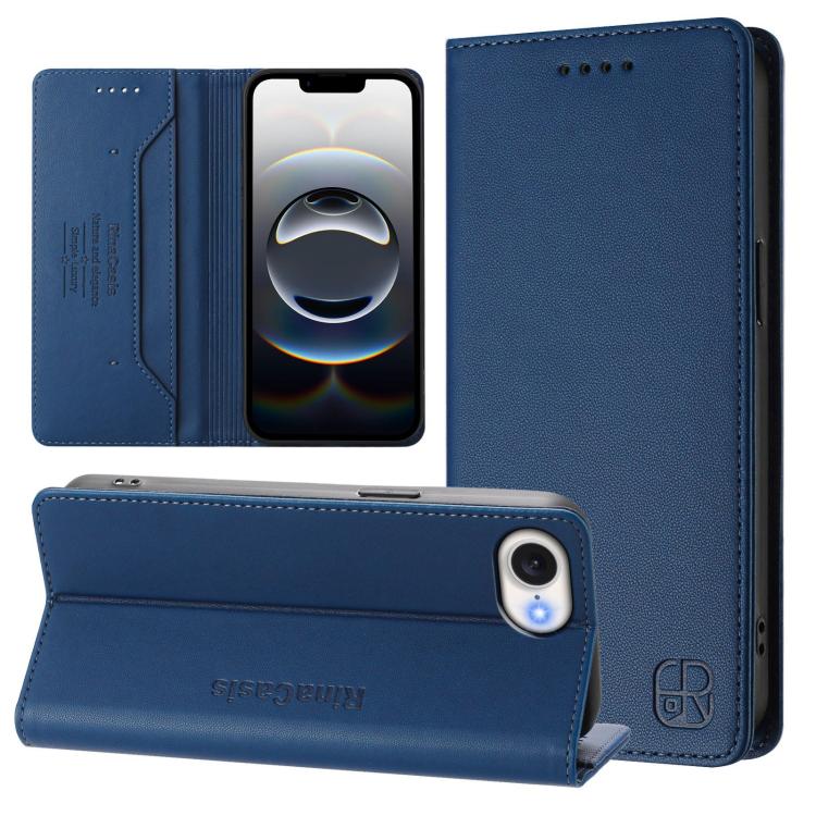 

For iPhone 16e RC01 Dual-Folded Magnetic Suction RFID Leather Phone Case(Dark Blue)