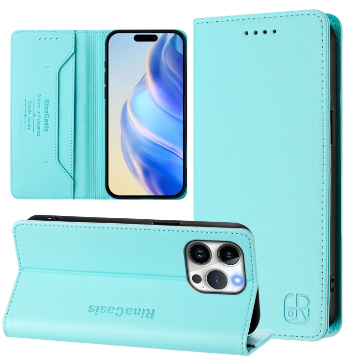 

For iPhone 15 Pro Max RC01 Dual-Folded Magnetic Suction RFID Leather Phone Case(Mint Green)