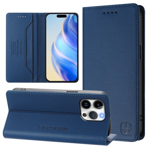 

For iPhone 15 Pro Max RC01 Dual-Folded Magnetic Suction RFID Leather Phone Case(Dark Blue)