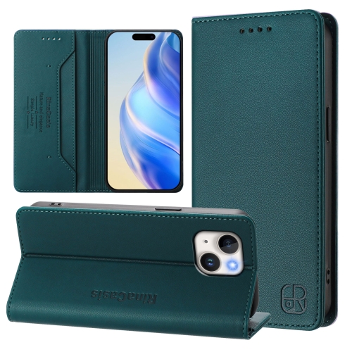 

For iPhone 15 Plus RC01 Dual-Folded Magnetic Suction RFID Leather Phone Case(Dark Green)