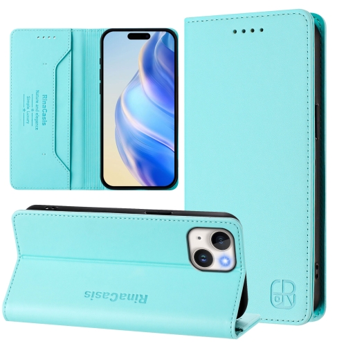 

For iPhone 15 RC01 Dual-Folded Magnetic Suction RFID Leather Phone Case(Mint Green)