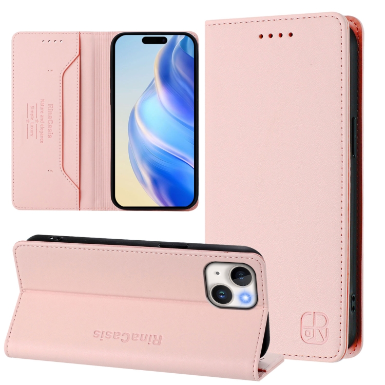 

For iPhone 15 RC01 Dual-Folded Magnetic Suction RFID Leather Phone Case(Pink)