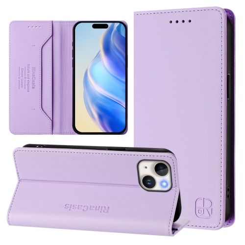 

For iPhone 15 RC01 Dual-Folded Magnetic Suction RFID Leather Phone Case(Light Purple)