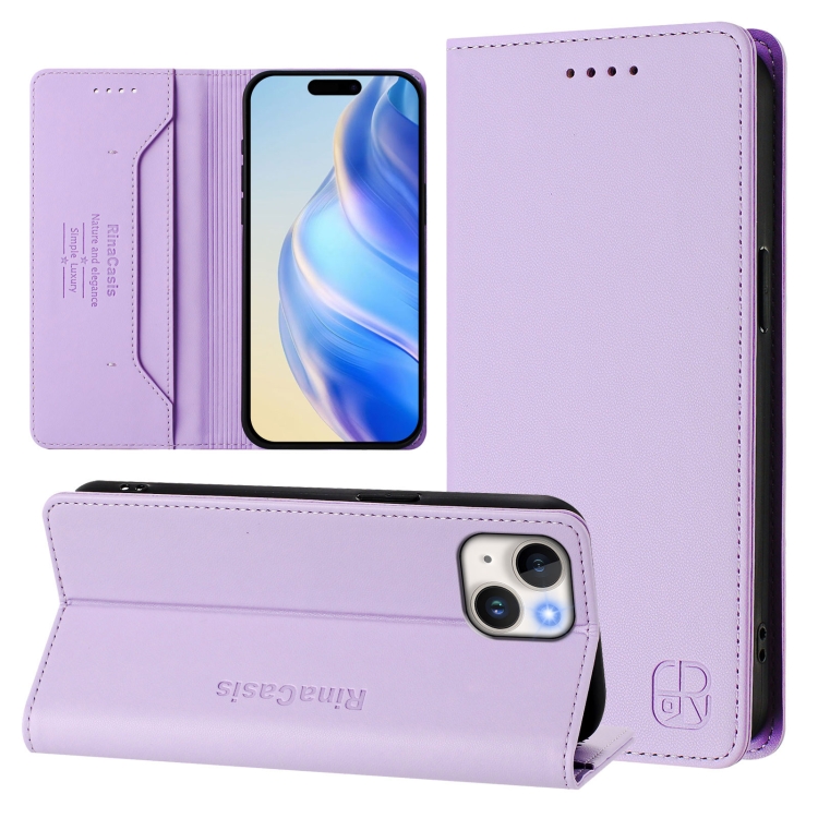 

For iPhone 14 / 13 RC01 Dual-Folded Magnetic Suction RFID Leather Phone Case(Light Purple)