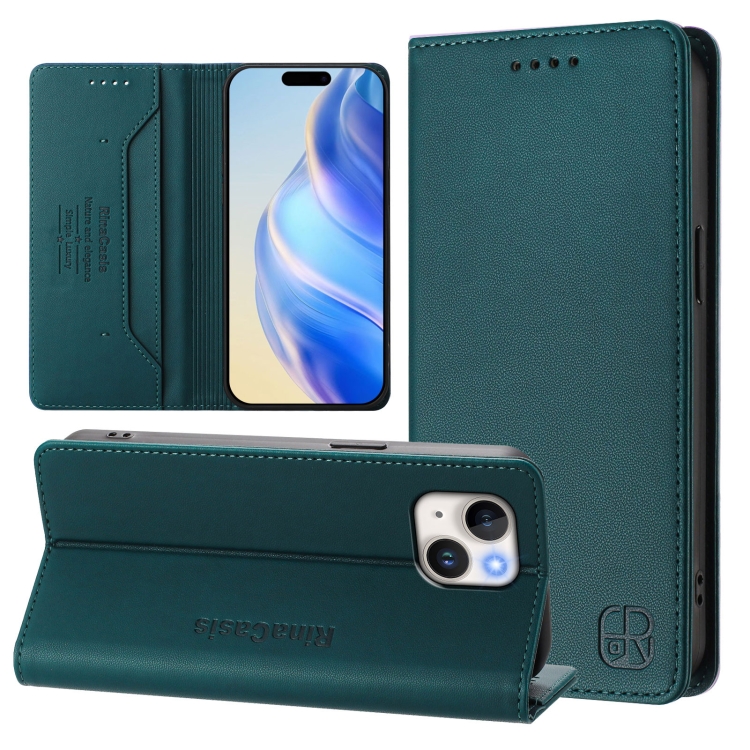 

For iPhone 14 / 13 RC01 Dual-Folded Magnetic Suction RFID Leather Phone Case(Dark Green)