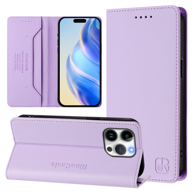 

For iPhone 14 Pro Max RC01 Dual-Folded Magnetic Suction RFID Leather Phone Case(Light Purple)