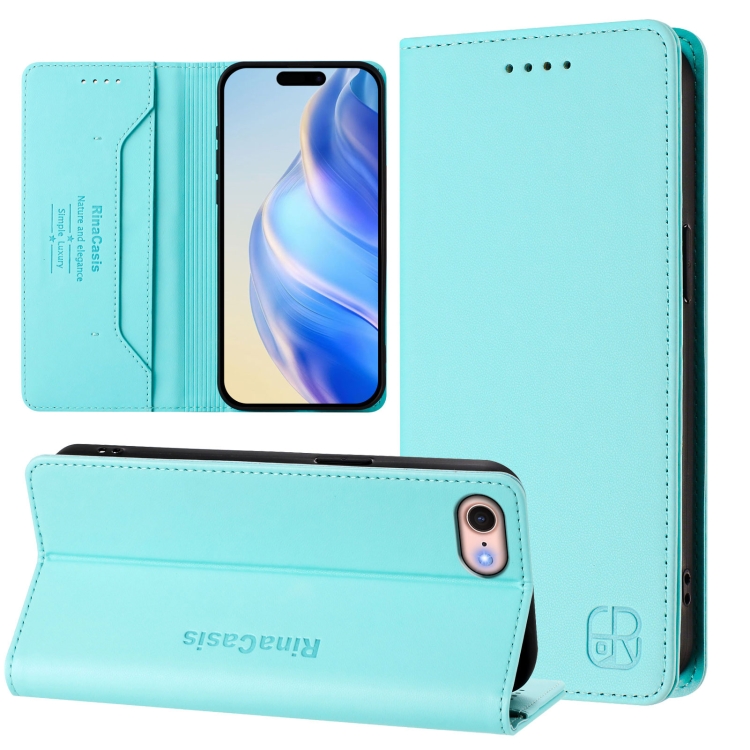 

For iPhone 7 / 8 / SE 2022 RC01 Dual-Folded Magnetic Suction RFID Leather Phone Case(Mint Green)