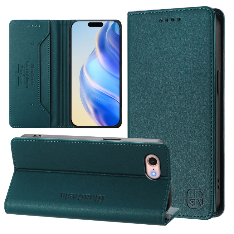 

For iPhone 7 / 8 / SE 2022 RC01 Dual-Folded Magnetic Suction RFID Leather Phone Case(Dark Green)