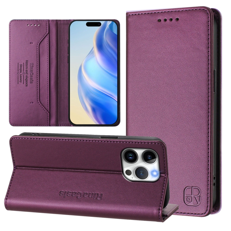 

For iPhone 13 Pro Max RC01 Dual-Folded Magnetic Suction RFID Leather Phone Case(Violet)