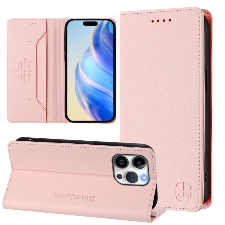 

For iPhone 13 Pro RC01 Dual-Folded Magnetic Suction RFID Leather Phone Case(Pink)