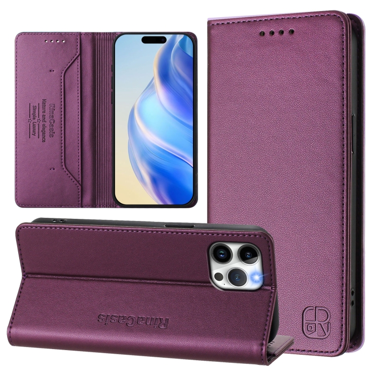 

For iPhone 12 / 12 Pro RC01 Dual-Folded Magnetic Suction RFID Leather Phone Case(Violet)