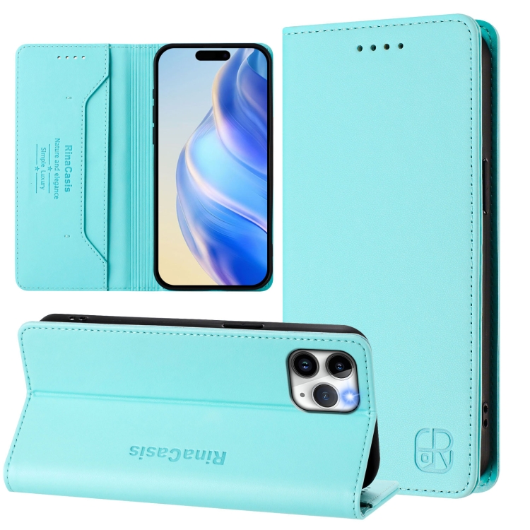 

For iPhone 11 Pro Max RC01 Dual-Folded Magnetic Suction RFID Leather Phone Case(Mint Green)