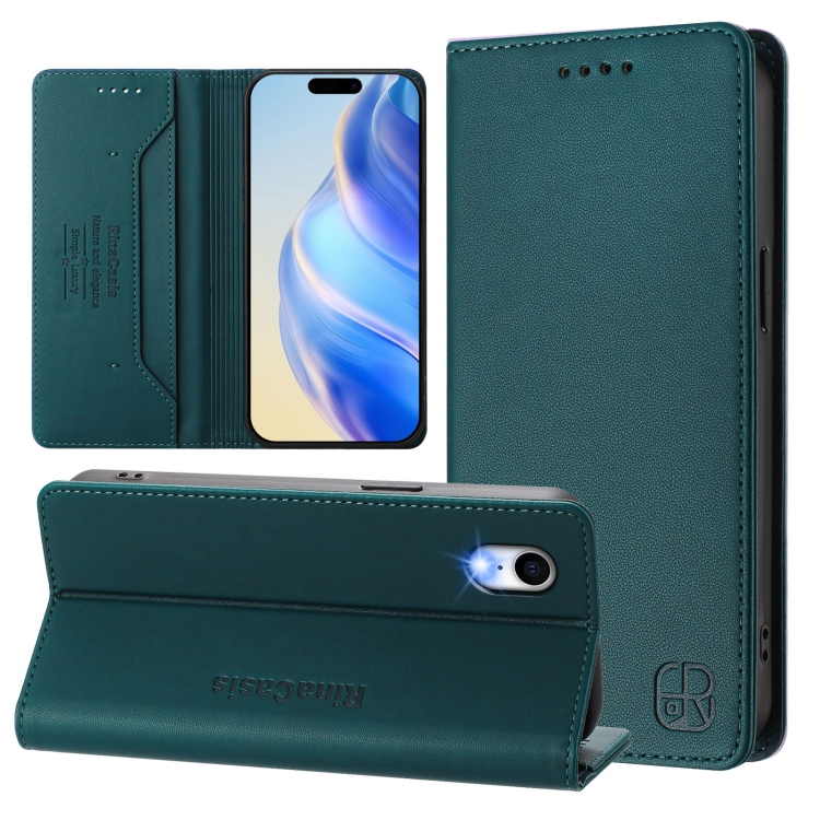 

For iPhone XR RC01 Dual-Folded Magnetic Suction RFID Leather Phone Case(Dark Green)