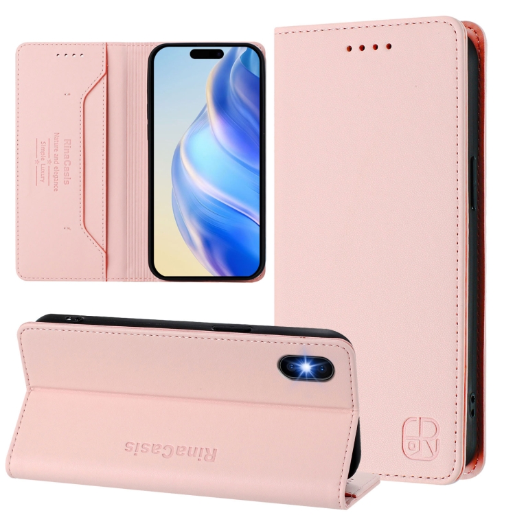 

For iPhone XS Max RC01 Dual-Folded Magnetic Suction RFID Leather Phone Case(Pink)