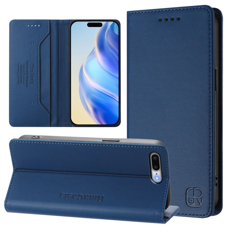 

For iPhone 7 Plus / 8 Plus RC01 Dual-Folded Magnetic Suction RFID Leather Phone Case(Dark Blue)