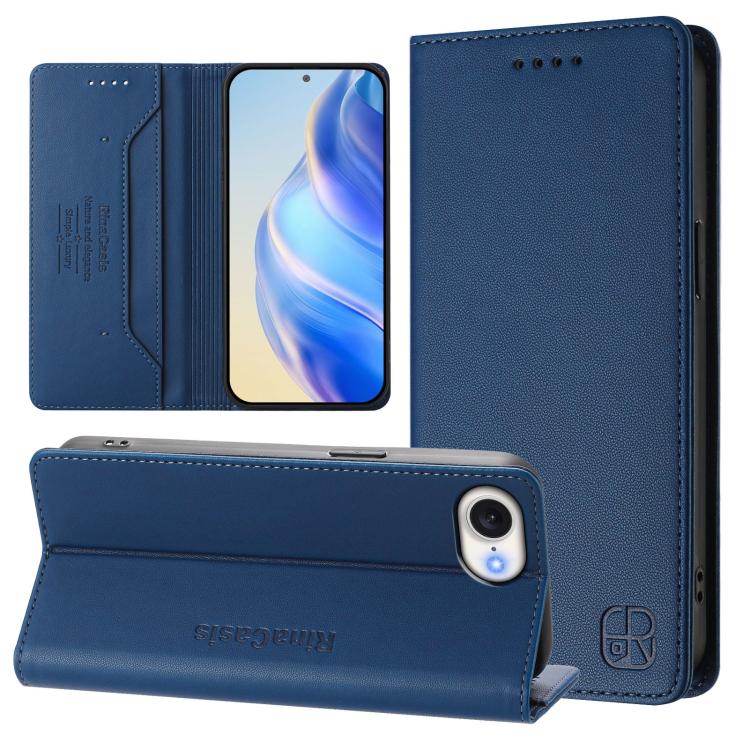 

For iPhone 16e RC01 Dual-Folded Magnetic Suction RFID Leather Phone Case(Dark Blue)