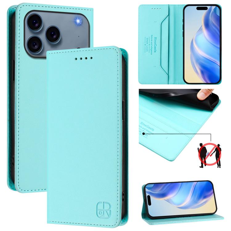 

For iPhone 17 Pro RC01 Dual-Folded Magnetic Suction RFID Leather Phone Case(Mint Green)