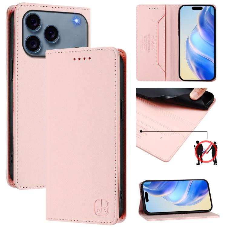 

For iPhone 17 Pro RC01 Dual-Folded Magnetic Suction RFID Leather Phone Case(Pink)