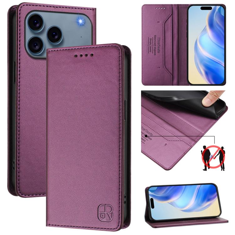 

For iPhone 17 Pro RC01 Dual-Folded Magnetic Suction RFID Leather Phone Case(Violet)