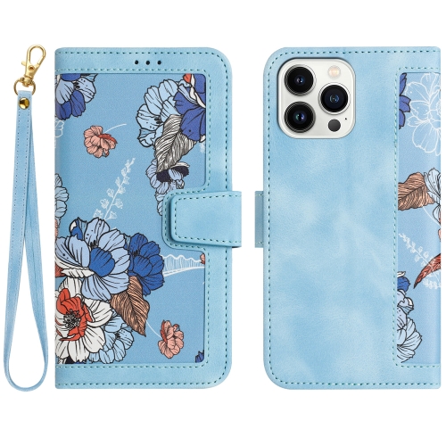 

For iPhone 16 Pro Max Floral Pattern Leather Phone Case with Lanyard(Light Blue)