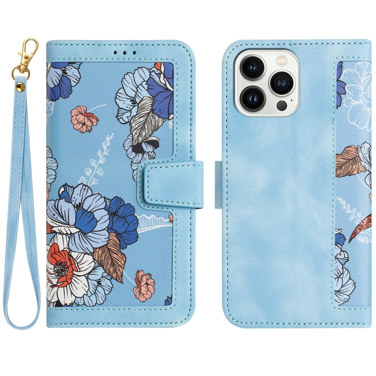 

For iPhone 16 Pro Floral Pattern Leather Phone Case with Lanyard(Light Blue)