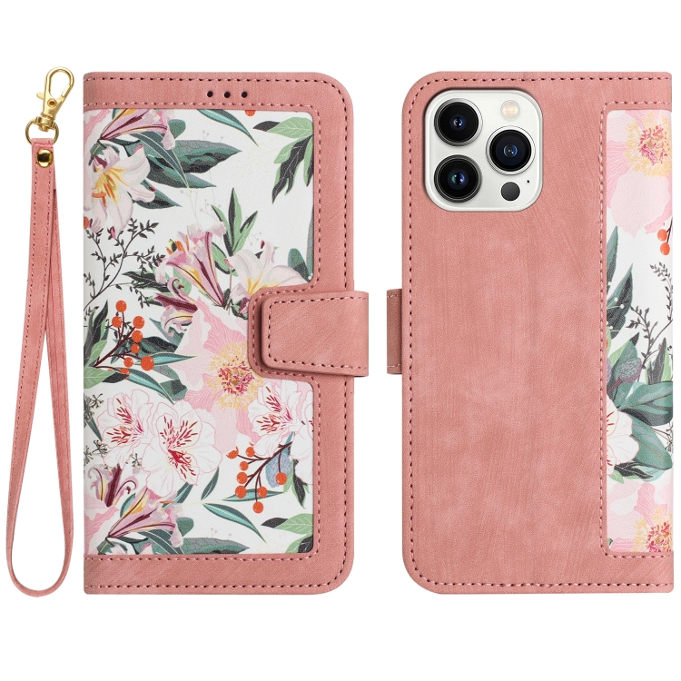 

For iPhone 16 Pro Floral Pattern Leather Phone Case with Lanyard(Pink)