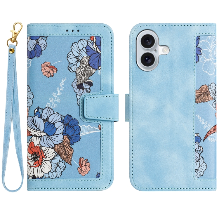 

For iPhone 16 Plus Floral Pattern Leather Phone Case with Lanyard(Light Blue)
