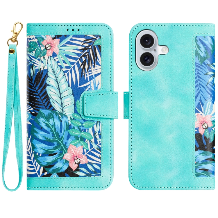 

For iPhone 16 Plus Floral Pattern Leather Phone Case with Lanyard(Green)